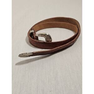 Women's Leather Belt With Silver Tone Buckle And Flower Imprint - 29" Waist